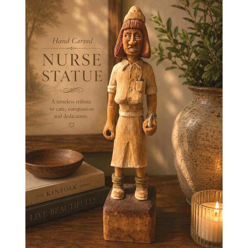 Hand Carved Wooden Nurse Statue Folk Art Carving Medical Professional Figure 13”